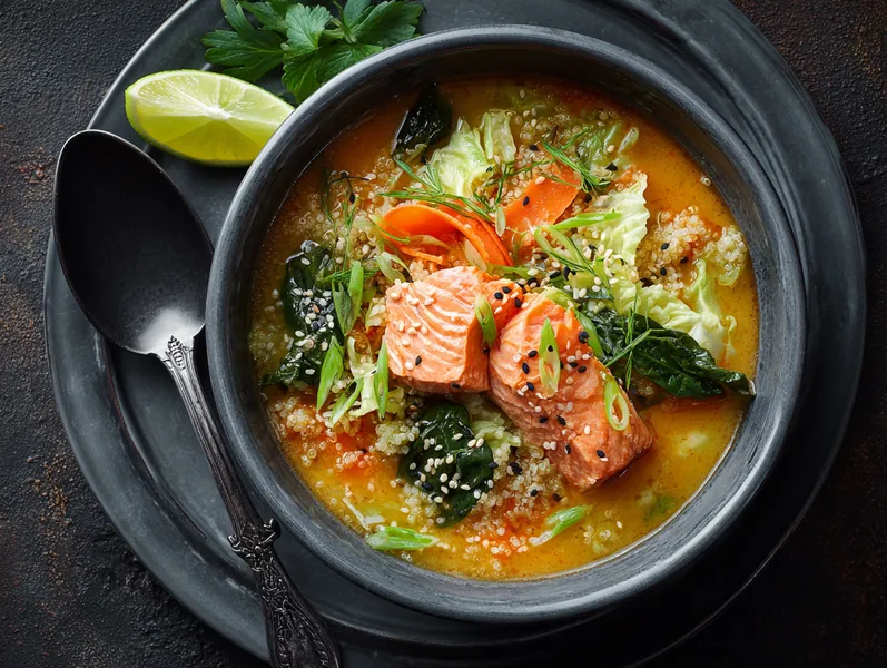 Asiatisk inspireret laksesuppe med quinoa og spidskål - Functional Foods
