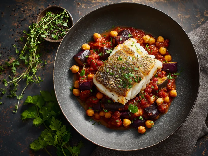 Ovnbagt marokkansk inspireret torsk med kikærter og aubergine - Functional Foods
