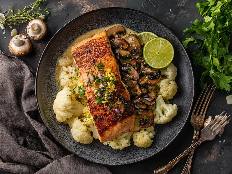 Laks i krydret kokossauce med blomkål og svampe - Functional Foods