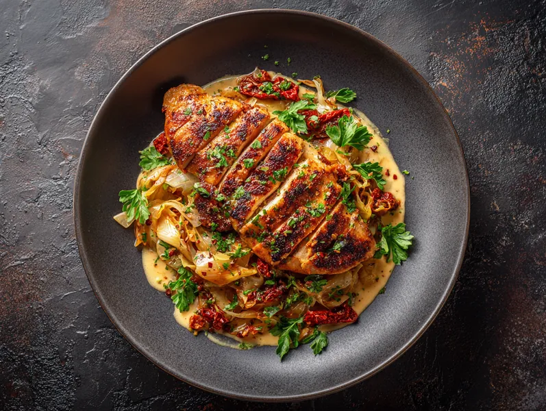 Kylling med karamelliserede løg og hvidkål i en flødesauce - Functional Foods