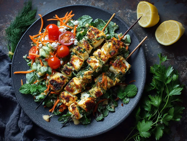 Grillspyd med halloumi og kylling med en simpel salat med feta - Functional Foods