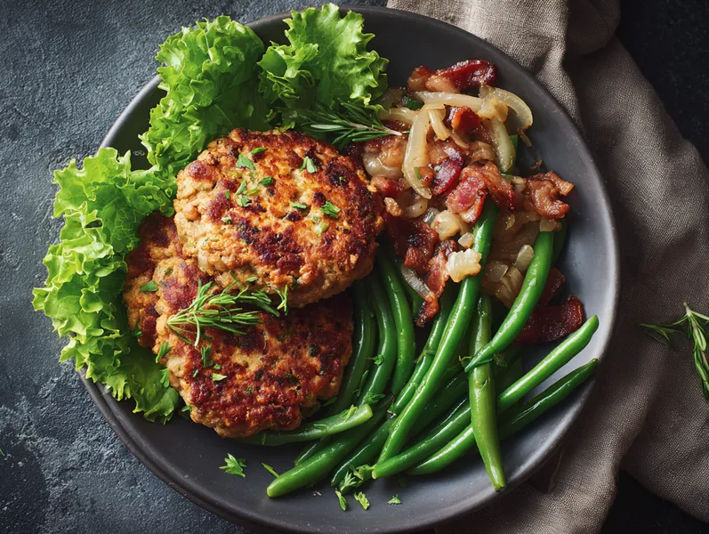 Krebinetter med en varm baconsalat med bønner og løg - Functional Foods