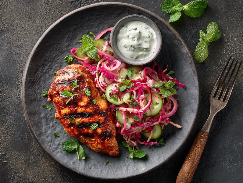 Marineret kylling, spicy kålsalat med en dip af mynte - Functional Foods