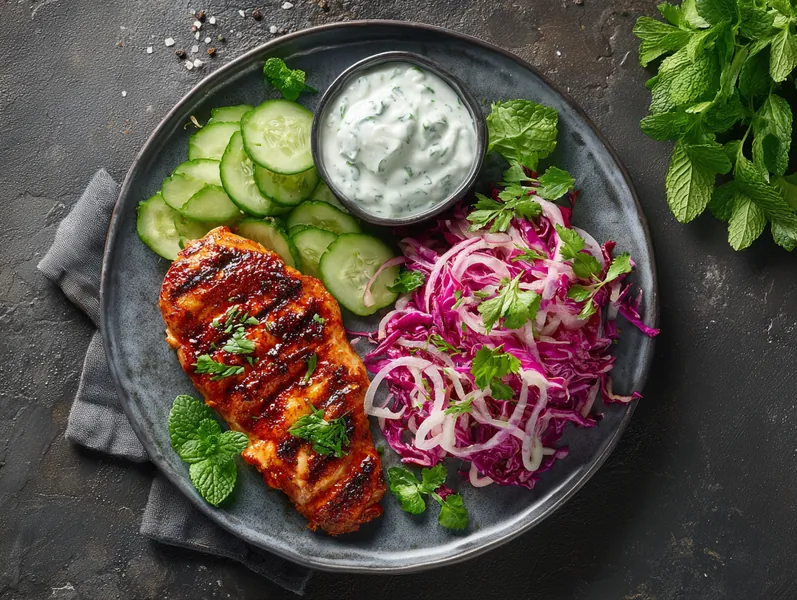 Marineret kylling med myntedip og spicy kålsalat - Functional Foods