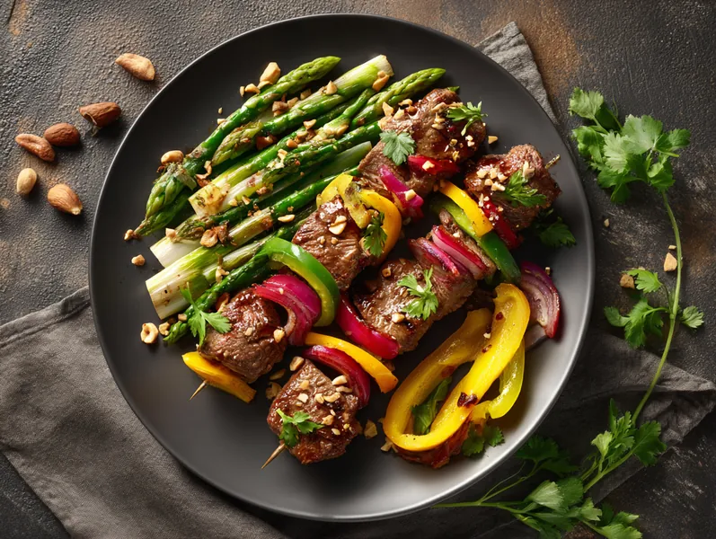 Oksespyd med thaistegte grøntsager - Functional Foods
