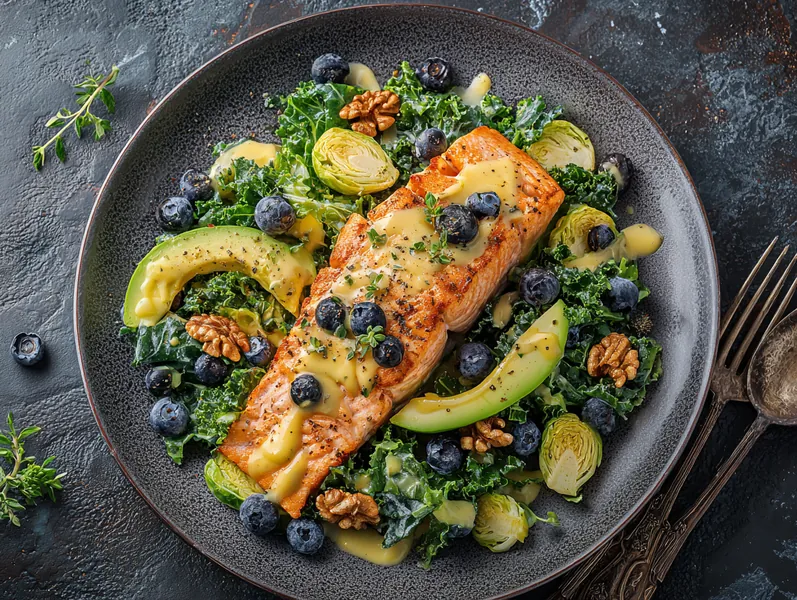 Laks og kålsalat med avocado, blåbær og valnødder - Functional Foods
