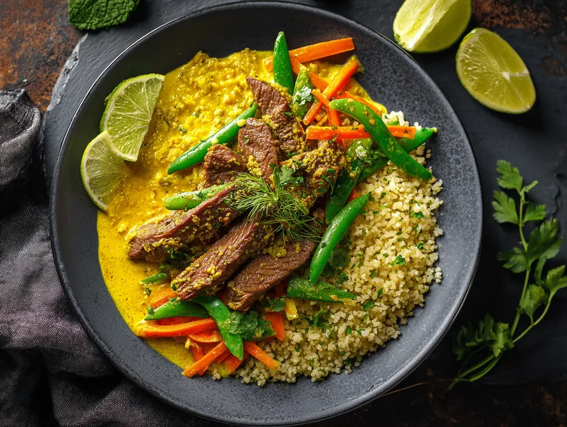 Gul karry med oksekød og stegte blomkålsris - Functional Foods