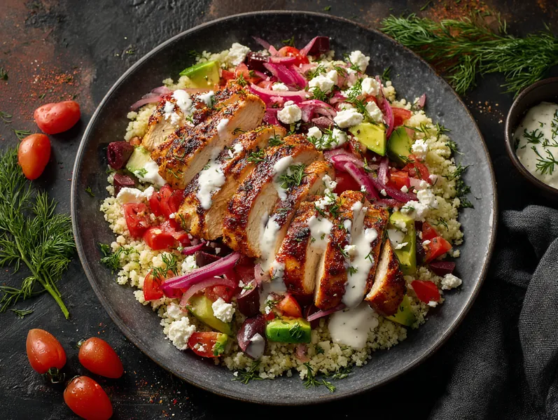 Middelhavsbowl med kylling og hjemmelavet tzatziki - Functional Foods