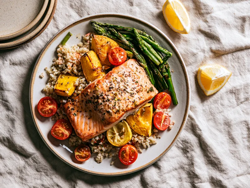 Ovnbagt laks med citrusbulgur og grøntsagsblanding - Functional Foods