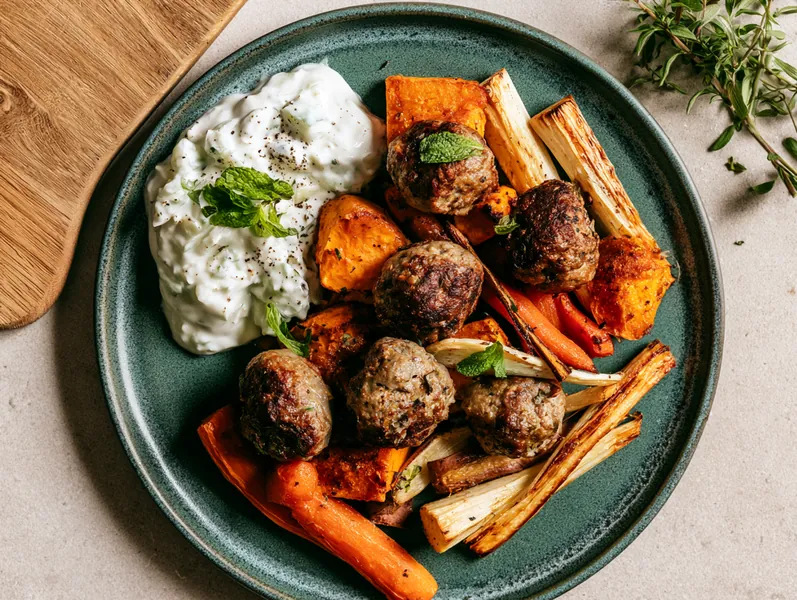 Bagt farseret svinekød med søde kartofler og græsk tzatziki - Functional Foods
