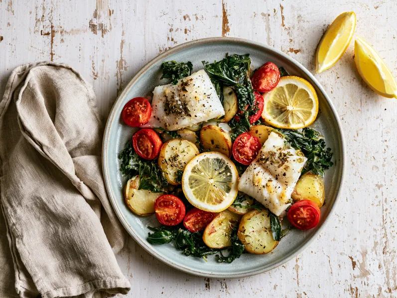 Bagt fiskefad med kartofler og grønkål - Functional Foods