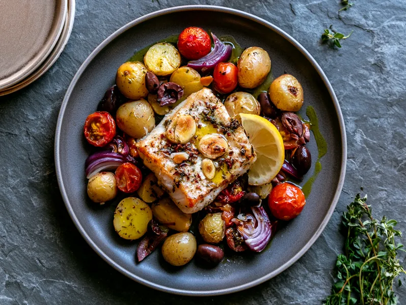 Bagt torsk med middelhavsinspirerede grøntsager og kartofler - Functional Foods