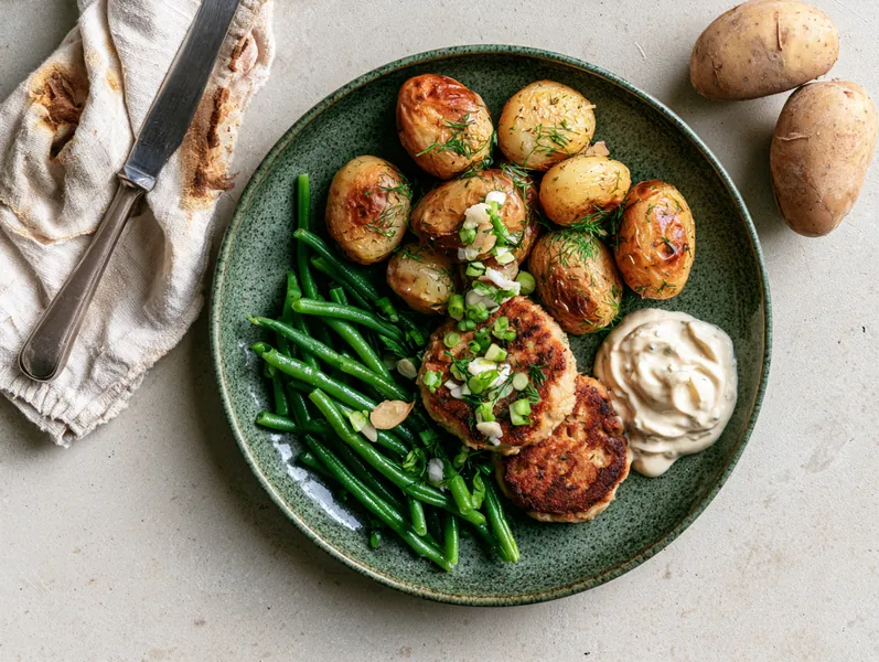 Fiskefrikadeller med citronkartofler og grønne bønner - Functional Foods