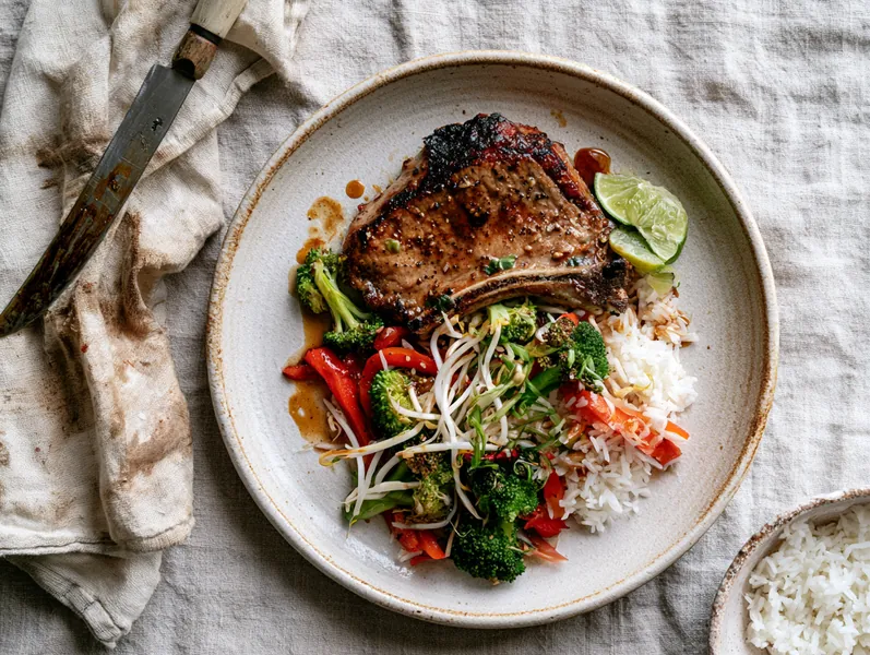 Asiatisk inspireret svinekotelet med jasminris og wokgrønt - Functional Foods