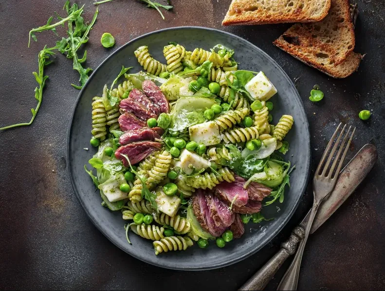 Pastasalat med basilikumpesto og stegt roastbeef - Functional Foods