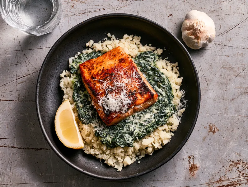Keto ovnbagt laks med cremet spinatsovs og blomkålsris - Functional Foods