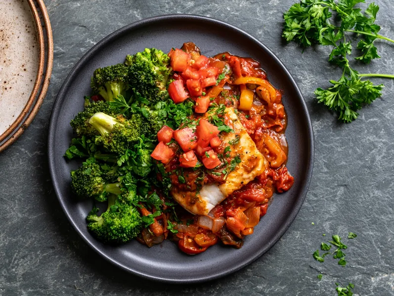 Ovnbagt torsk med tomat-flødesovs og broccoli - Functional Foods