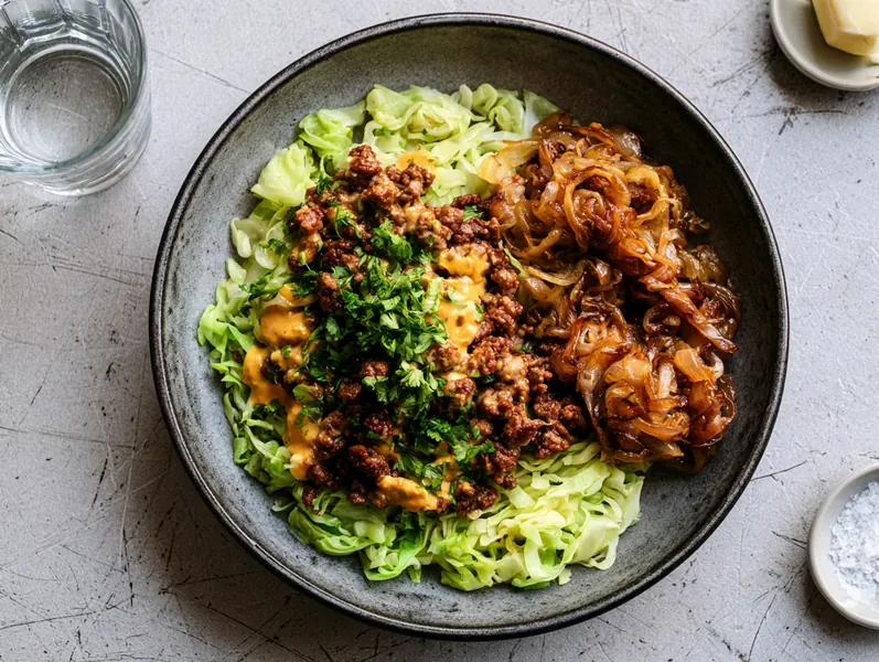 Krydret oksekød med ostesovs og smørstegt spidskål - Functional Foods