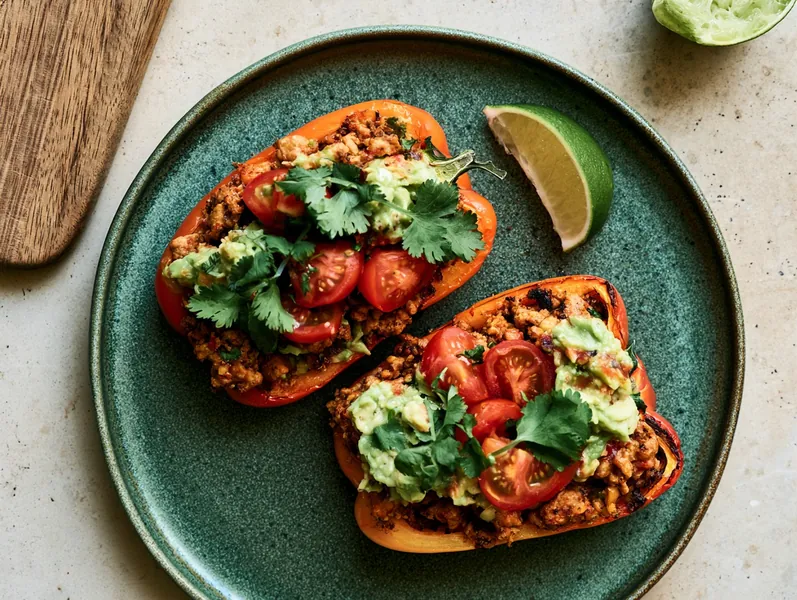 Fyldte peberfrugter med krydret svinekød og avocado - Functional Foods