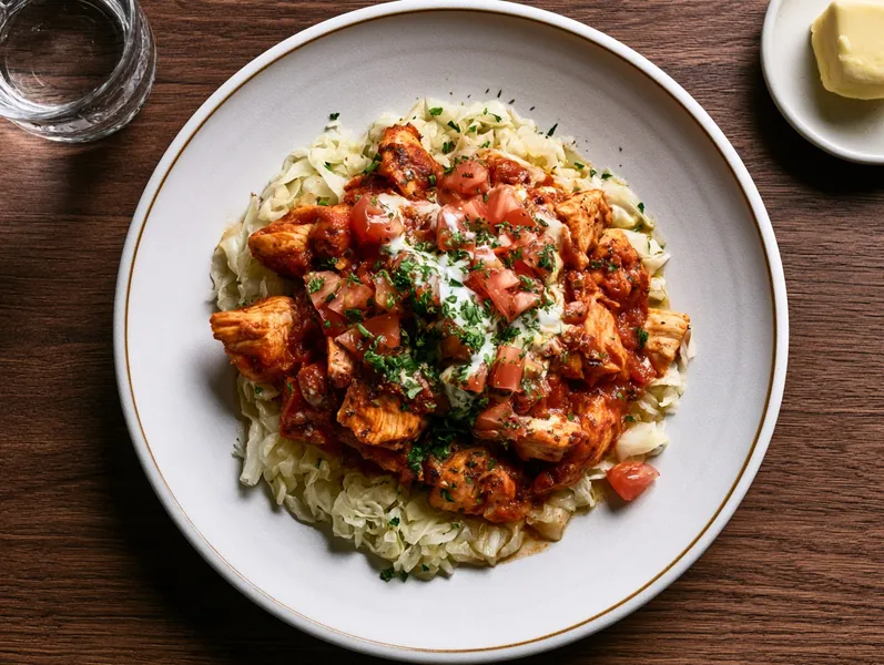 Krydret kylling i tomatsovs med smørstegt spidskål - Functional Foods
