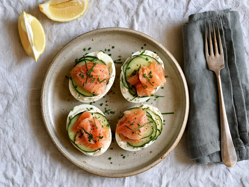 Kold morgenmadstallerken med æg, røget laks og agurk - Functional Foods