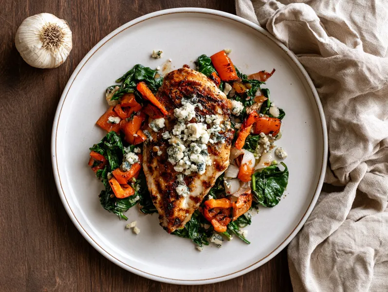 Keto bowl med krydret kylling, blåskimmelost og grillet peberfrugt - Functional Foods