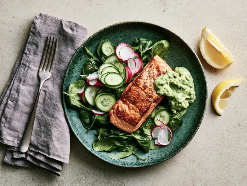 Keto-salat med grillet laks og avocadodressing - Functional Foods