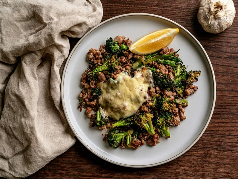 Keto bowl med svinekød, gouda og broccoli - Functional Foods