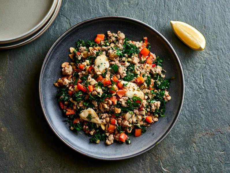 Keto bowl med hakket svinekød, mozzarella og grønkål - Functional Foods