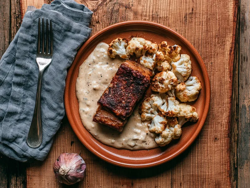 Stegt flæsk med flødesovs og blomkål - Functional Foods