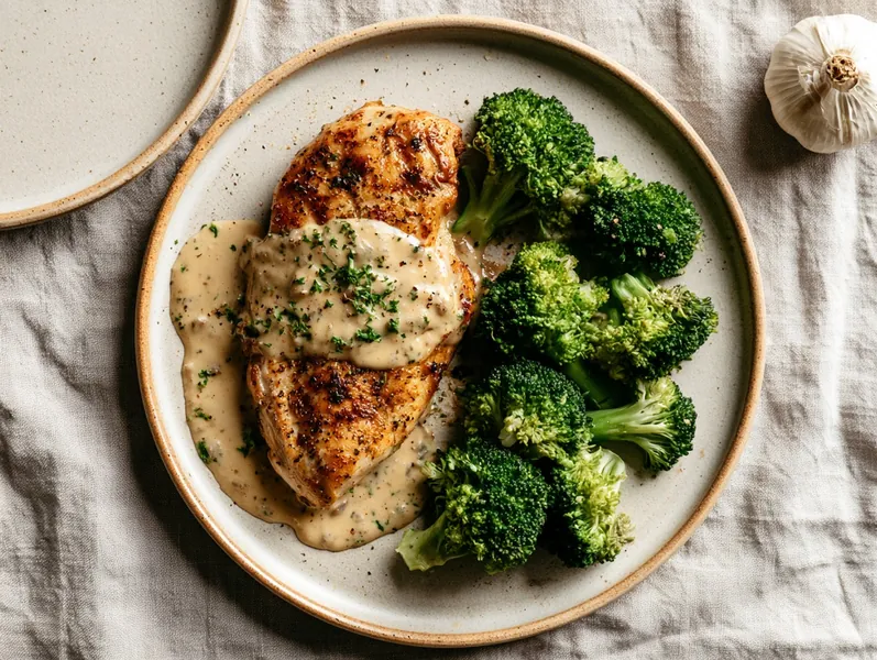 Stegt kyllingebryst med flødesovs og broccoli - Functional Foods