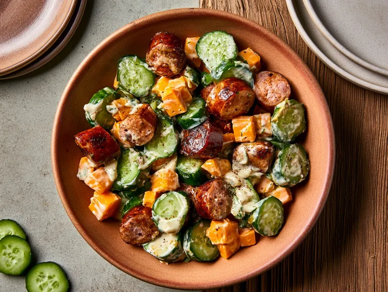 Pølsesalat med agurk, ost og mayonnaise - Functional Foods