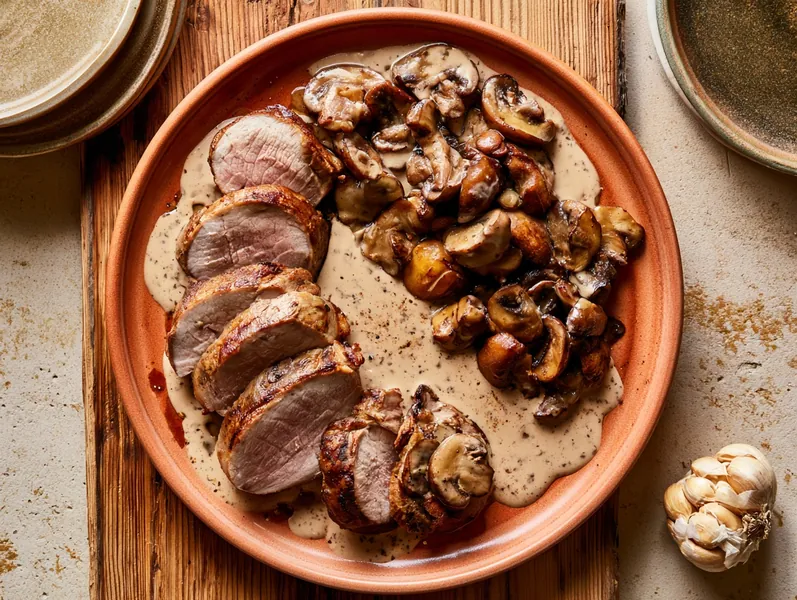 Stegt svinemørbrad i skiver med flødesovs og champignon - Functional Foods