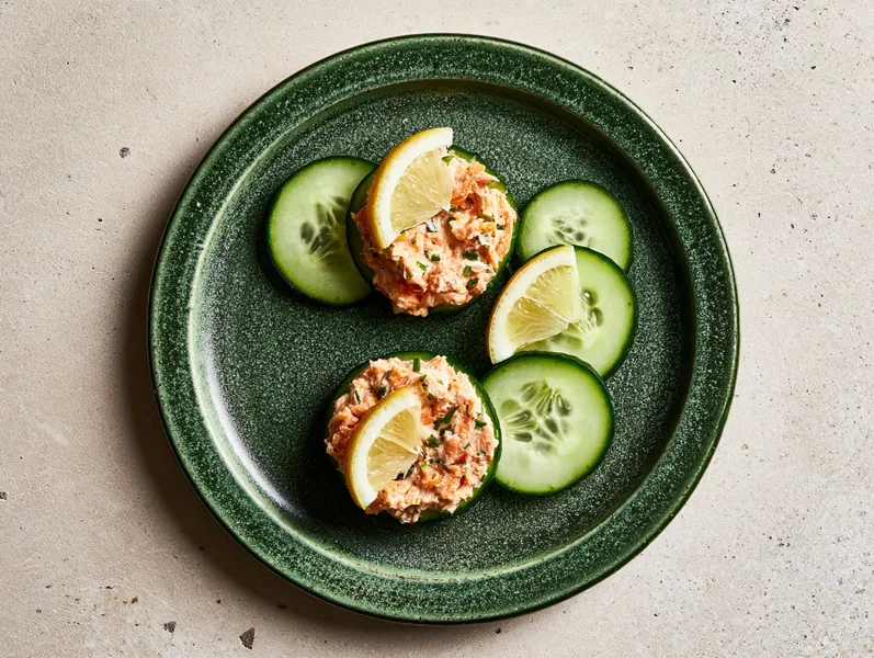 Laks-rilette med flødeost og citron på agurkeskiver - Functional Foods